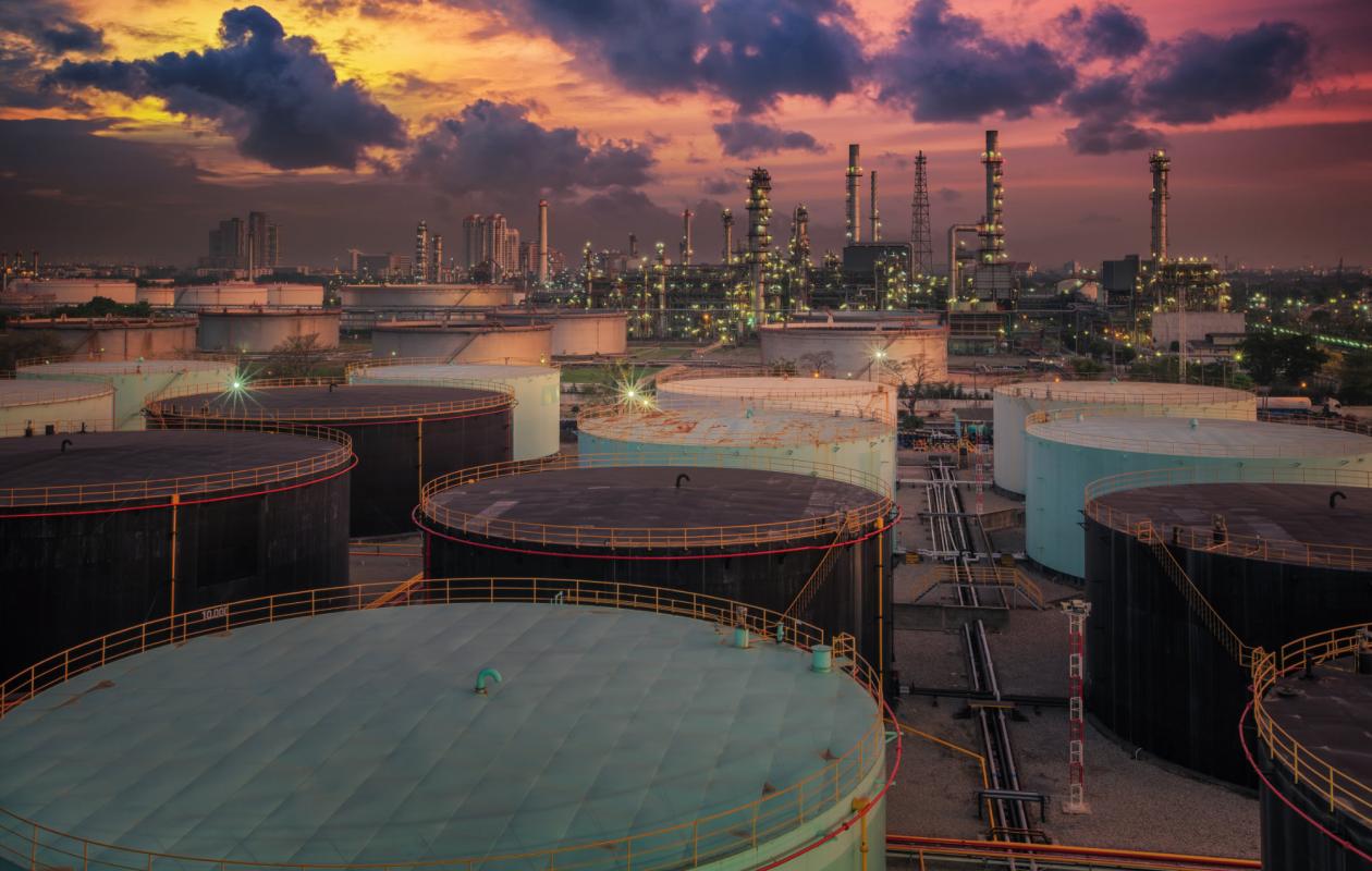 oil refinery in evening